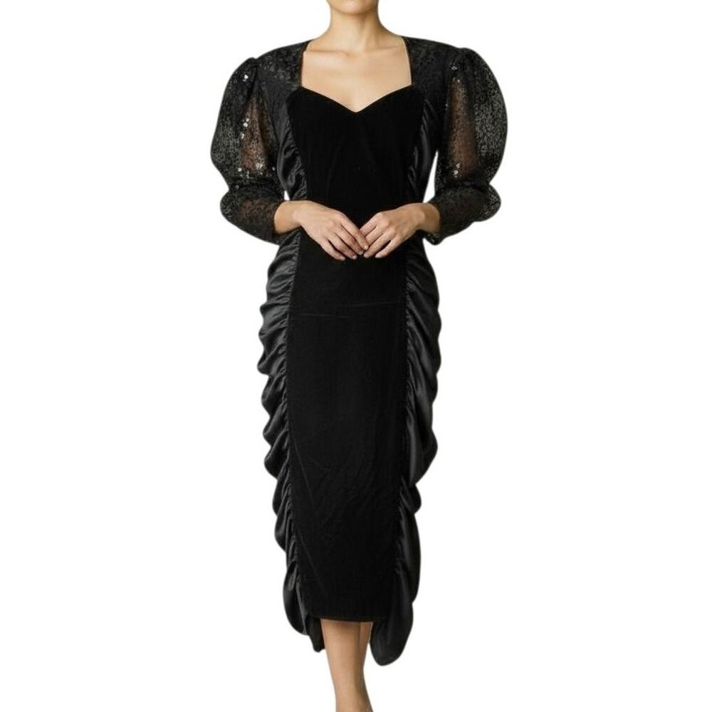 Vintage Black Velvet Lace Taffeta Dress Womens Sz Medium 70s Goth Witch Romance